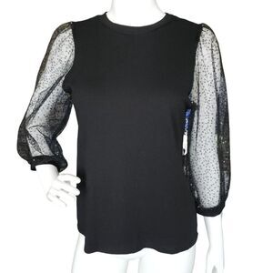 Anne Klein Black Knit Top Mesh Constellation Sequin Sleeves